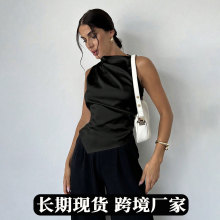 爆款夏装女装 夏季缎面衬衫女 简约无袖色丁仿真丝衬衣上衣设计感