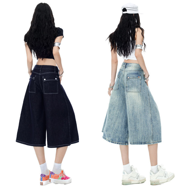 Denim Dark Blue Wide-Leg Cropped Jeans for Women, Summer 2026 New Design, Loose Straight Casual Shorts Denim Dark Blue Wide-Leg Cropped Jeans for Women, Summer 2026 New Design, Loose Straight Casual Shorts