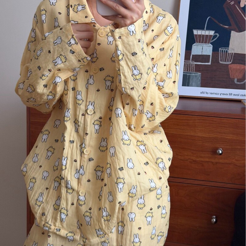 New Arrivals for Spring and Summer! Yellow Background Rabbit Print, All-Cotton Double-Layer Gauze, Small Turn-Down Collar, Long-Sleeve, Long-Pants Pajama Set, Loungewear for Women New Arrivals for Spring and Summer! Yellow Background Rabbit Print, All-Cotton Double-Layer Gauze, Small Turn-Down Collar, Long-Sleeve, Long-Pants Pajama Set, Loungewear for Women