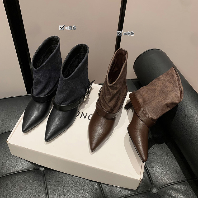 European and American Belt Buckle Pointed Toe Short Boots for Women 2025 Autumn and Winter New Versatile Slim Boots Low Heel Boots Women's Single Boots