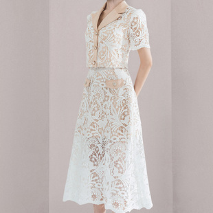 2025 New Summer Vietnamese Niche Suit Collar Top Lace Water-Melted Flower Skirt Fashion Suit