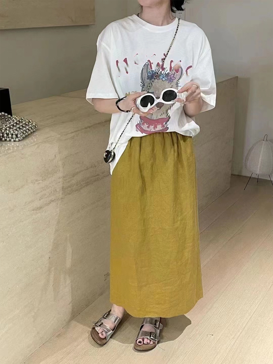 Chân váy chữ A dáng dài vải lanh eo thun thoải mái mùa hè — Màu đen, Màu cà phê, Màu cam, Xanh Lông Công