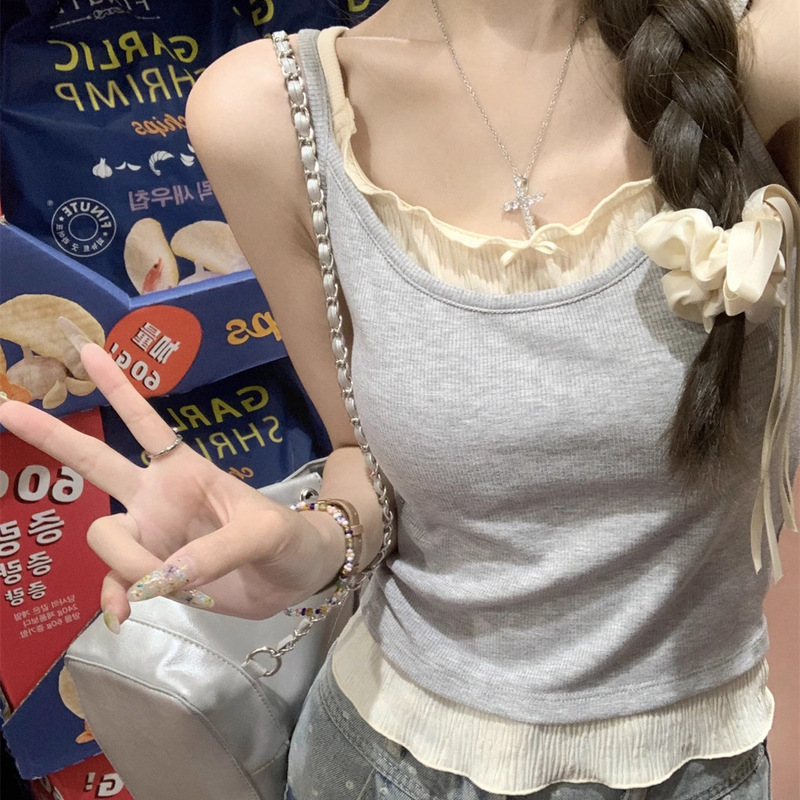 Designed Fake Two-Piece Lace Camisole Women's Summer Pure Desire Slim Short Style Sleeveless Top for Inner Wear and Outer Wear