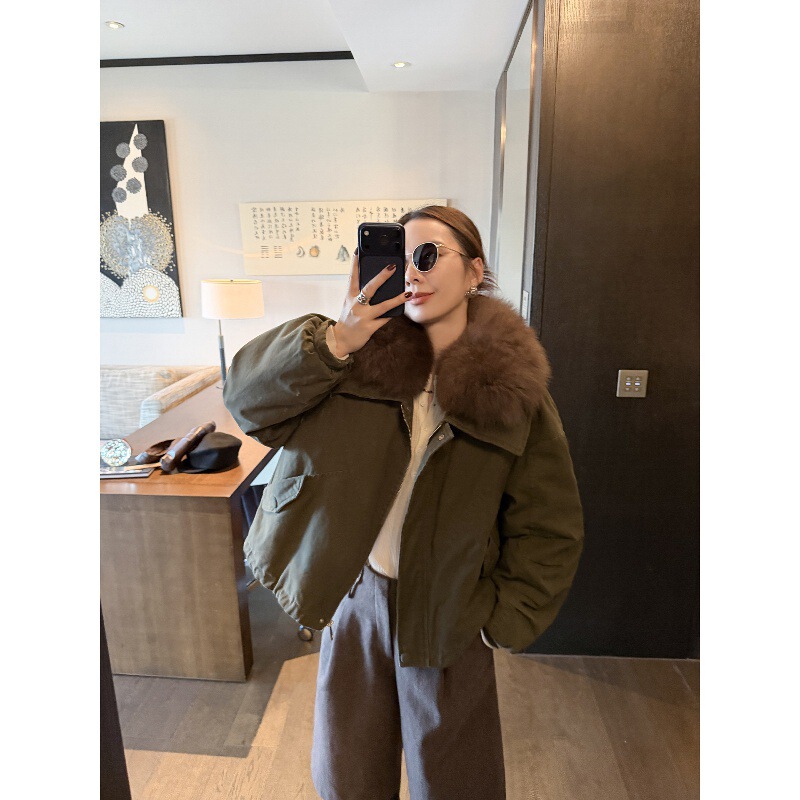 2025 New Winter Retro Washed Cotton Parka Outwear Women's White Goose down Lamb Fur Fur Collar