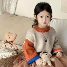 韩版女童毛衣洋气新款秋冬宝宝毛线衣超萌儿童针织拼色圆领毛衣潮