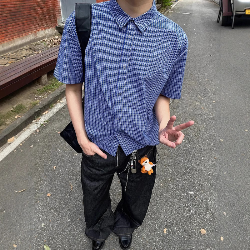 High-Quality Royal Blue Plaid Drawstring Short-Sleeved Shirt Miu Summer Versatile Design High-End Boxy Top