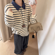 韩国代购KR牛仔拼接polo领宽松条纹T恤女韩版秋款显瘦学院风上衣