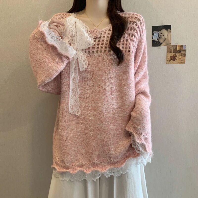 Designed Cut Out Bow Tie Knitwear for Women in Autumn and Winter Large Size Fat mm Super Nice Mid-Length Top