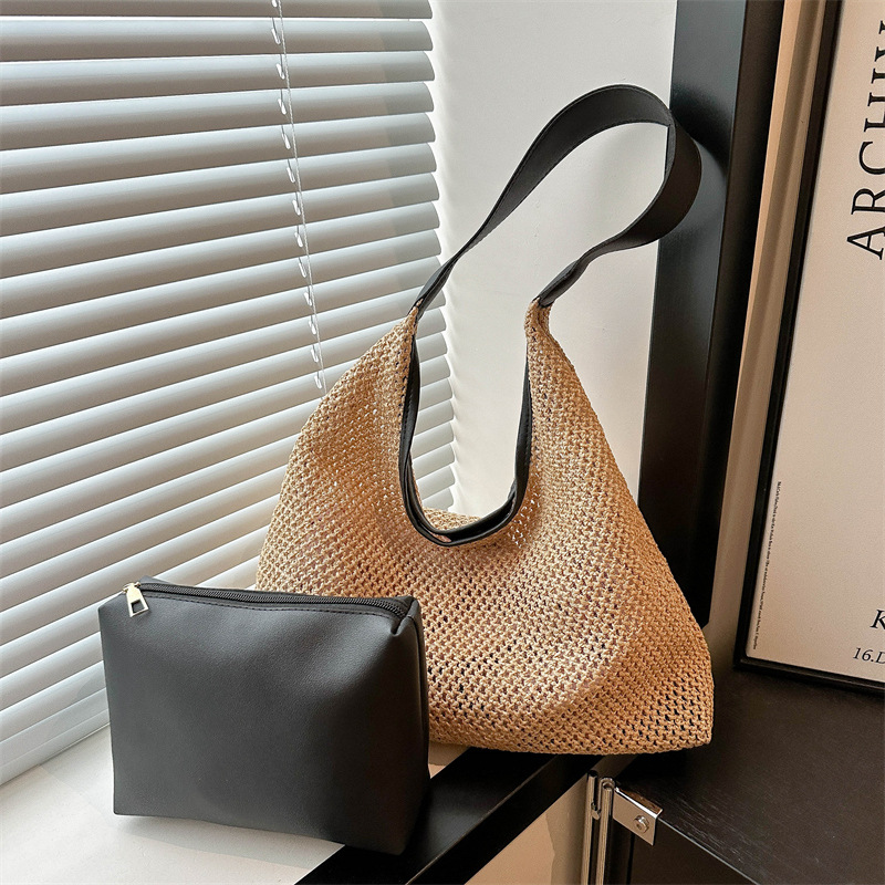 Bolsa de paja de gran capacidad para mujeres 2024 nueva bolsa de paja de playa de vacaciones trenzada cesta de verduras de viaje bolsa de cubo de agua