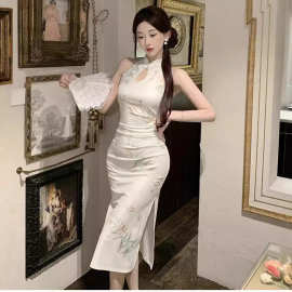 国风新中式旗袍礼服长裙复古印花优雅性感开叉中长款连衣裙10056