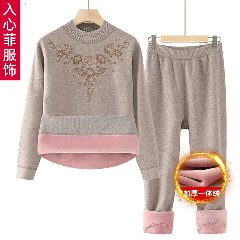 Комплект термобелья для мам на осень и зиму, на флисовой подкладке, утолщенный, для женщин среднего и старшего возраста, зимняя одежда для бабушки, термокомплект для пожилых женщин (топ и низ).