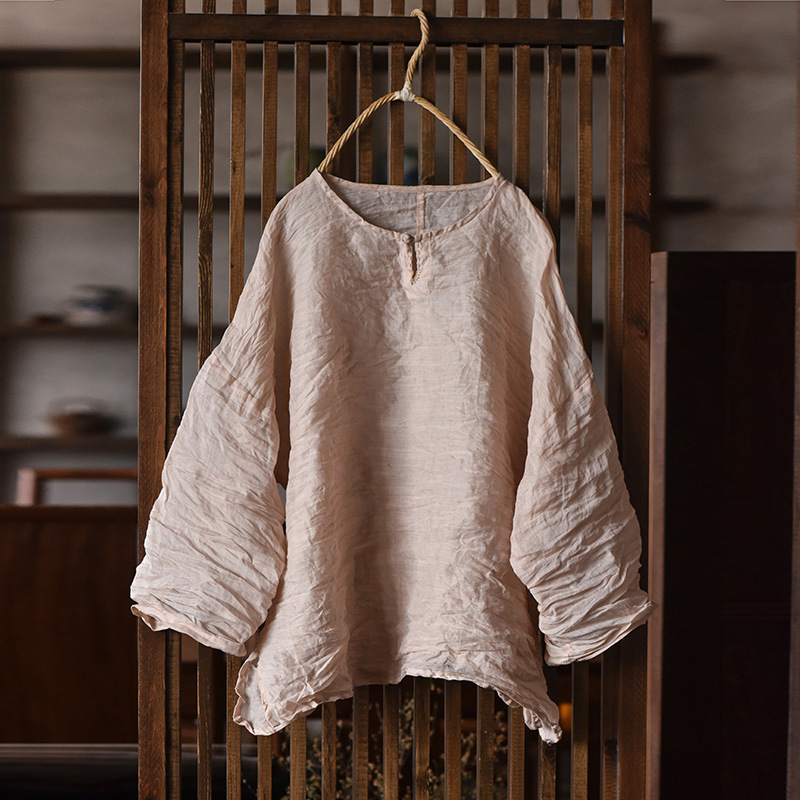 4331 Original High-branch Lightweight Ramie Hand-stitched Buckle Top Chinese Style Spring and Summer Loose Artistic Round Neck Shirt