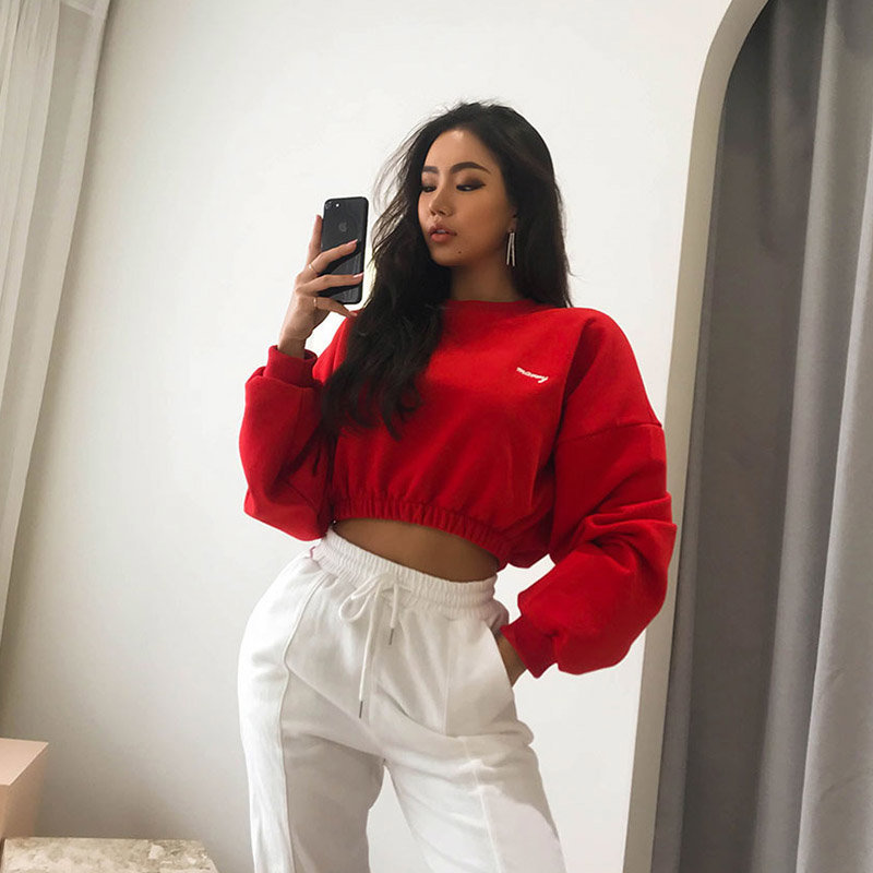 2023 Spring and Autumn Korean Style New Fashion Casual Hoodless Loose Slim High Waist Waist Short Sports Sweatshirt Women's Trendy