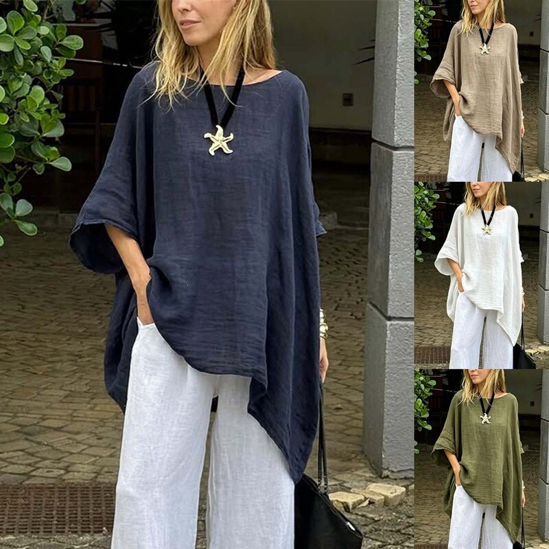 2026 European and American Women's Irregular Hem Cotton and Linen Shirt, Fashionable Solid Color Round Neck 3/4 Sleeve Casual Top, White