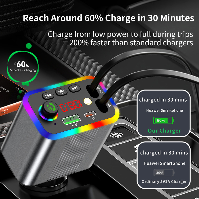 R4R6 Car Bluetooth MP3 Player comes with a retractable cable and supports fast charging for mobile phones, 2026 new model, foreign trade supply