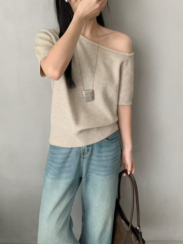 纯欲辣妹斜肩别致短袖针织衫女夏季2025韩系chic设计感一字肩上衣|undefined