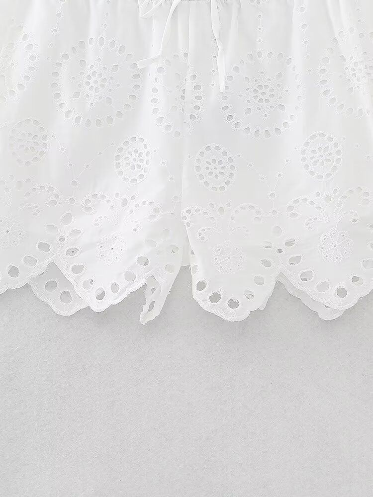 ZARW Self-made Casual Loose Hollow Embroidered Solid Color Top Shorts Set, European And American Style Summer New_ecoleips.com