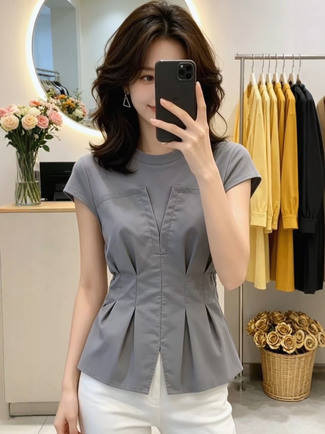 Áo thun nữ tay ngắn thiết kế eo thắt lưng, dáng ôm nhẹ, chất liệu mỏng mùa hè — màu trắng
