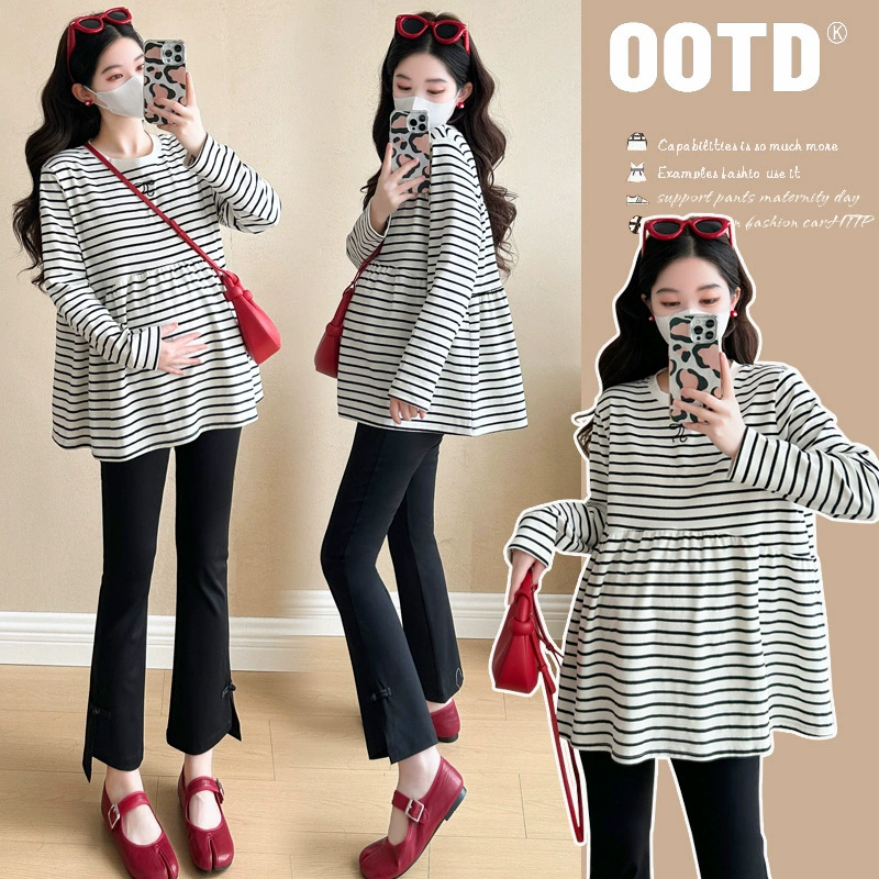 Одежда для беременных Весенний топ 2025 новый корейский модный полосатый сладкий хлопок футболка с длинными рукавами свободная детская рубашка