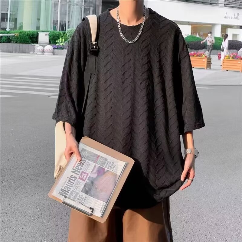 Summer Thin Jacquard Short-sleeved T-shirt Men's 2026 New Simple Loose Five-quarter-sleeved Casual Top T-shirt_viptrois.com