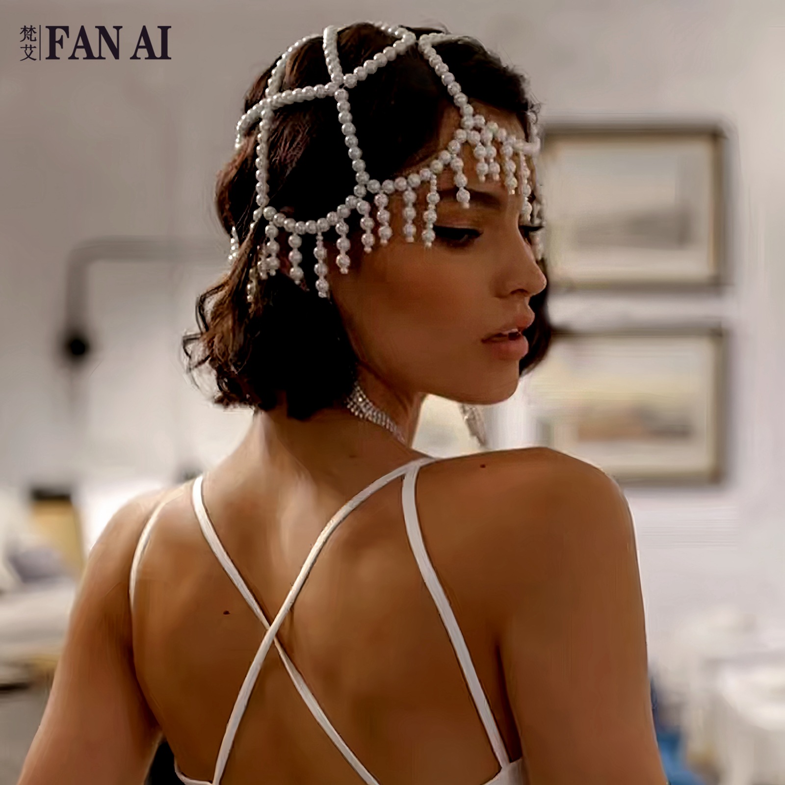 Fanai Foreign Trade Hot-Selling Bridal Pearl Tassel Hair Net Personalized Original Women's Hair Accessory for Streamers and Performances Sa31