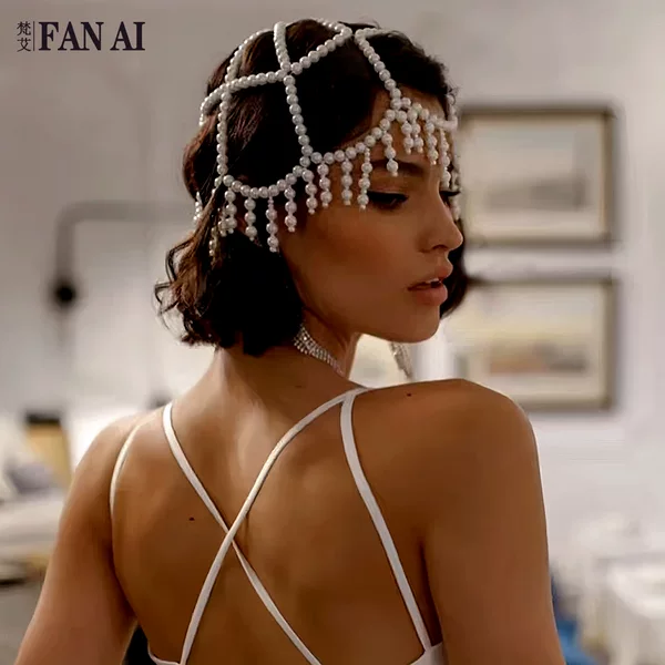 Fanai Foreign Trade Hot-Selling Bridal Pearl Tassel Hair Net Personalized Original Women's Hair Accessory for Streamers and Performances Sa31