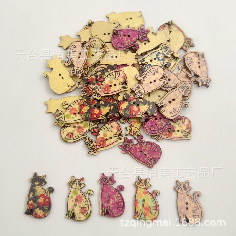 Botón de madera de gato de dibujos animados blanco/color natural 50 botones de gato impresos en madera por paquete