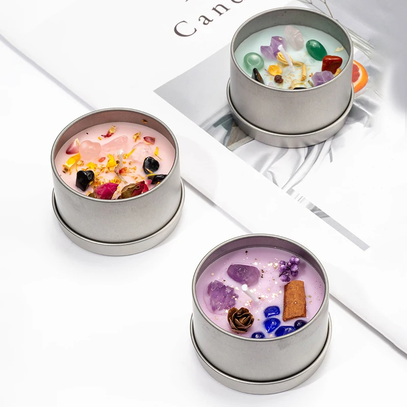 Flores secas de cristal, velas aromáticas coloridas, comercio electrónico transfronterizo, latas, fragancia, cera de soja, cristales de piedra natural hechos a mano