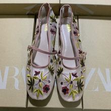 ZA2025春季新品玫红色花朵刺绣网眼布芭蕾舞平底鞋新国风单鞋女