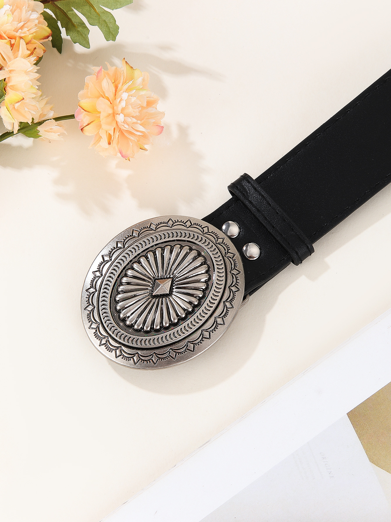 180g Weight Belt Classification 1 Piece Quantity Casual, Daily Occasion Pu Leather, Alloy Material Oval Pattern Women's Gender Retro, IG Style Style Camel, Black Color IG Style Retro Oval Pu Leather Alloy Women's Leather Belts 9