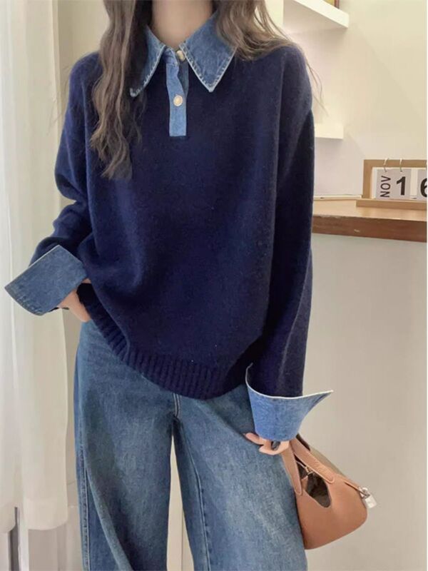 牛仔袖拼接假两件毛衣外套女2025秋冬新款宽松休闲针织衫长袖上衣|undefined