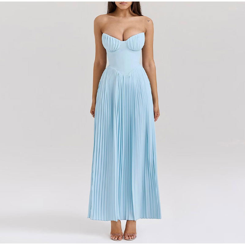 blue-strapless-slimming-pleated-tight-dress