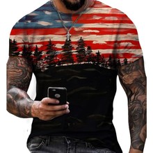 跨境2023夏季新品美国独立日男装3d数码印花外贸圆领套头短袖T恤
