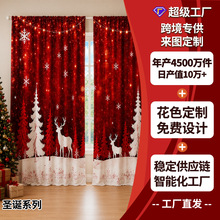 亚马逊跨境数码印花圣诞窗帘春亚纺半遮光窗帘欧美圣诞节窗帘现货