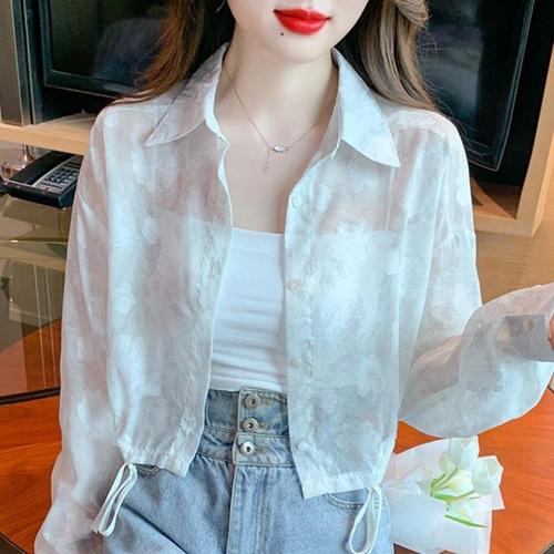 Linen Blouse with Floral Print, Summer Long-Sleeve, Delicate and Sweet, Women's Fashion, Open Top, Short Coat, Light Weight