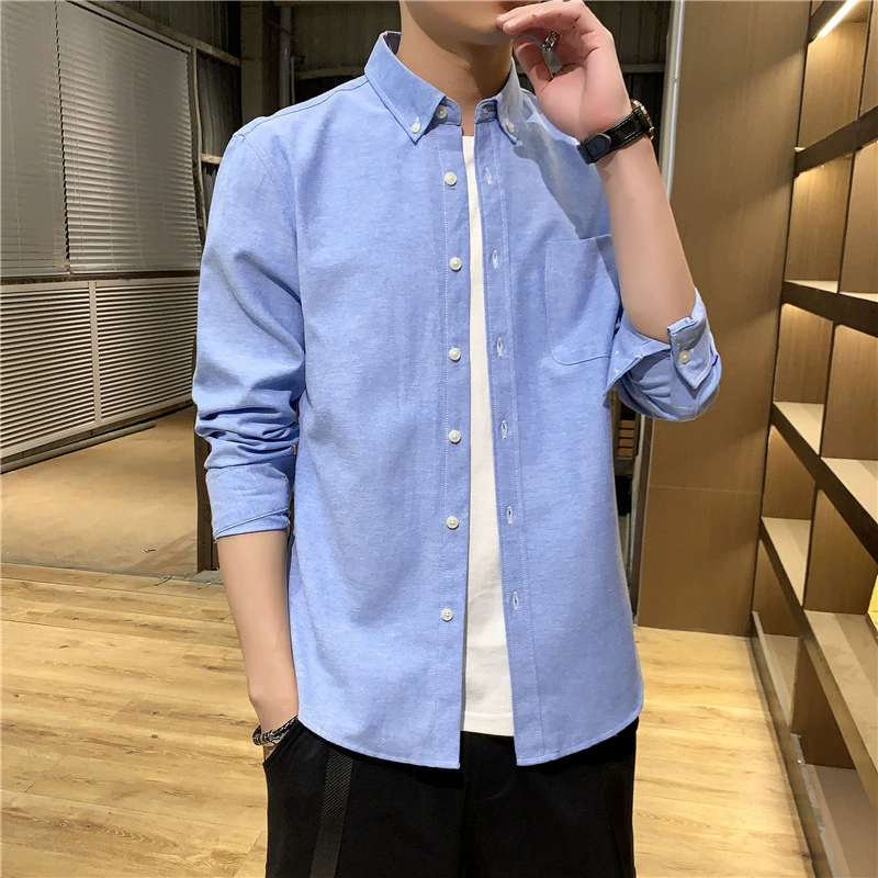 Новая оксфордская текстильная деловая рубашка с длинными рукавами, однотонная тонкая рубашка, молодежная модная тонкая рубашка, белая мужская весенняя рубашка