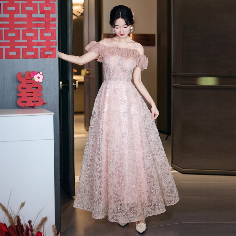 Plus-Size Maternity Slimming Bride's Toast Dress, French-Style Off-Shoulder Engagement Dress, Student Coming-Of-Age Ceremony Banquet Gown