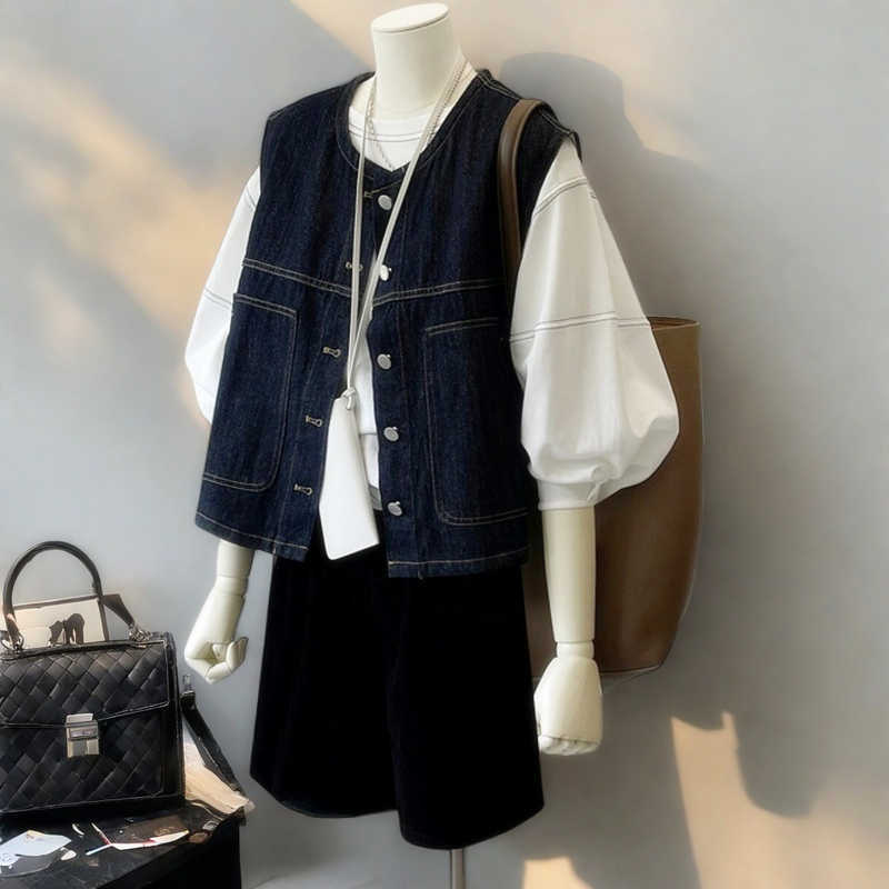 Hong Kong Style Vintage Stacked Wearing Outer Wear Slimming Denim Vest Women's Spring and Summer New High-end Fashionable Sleeveless Waistle Vest
