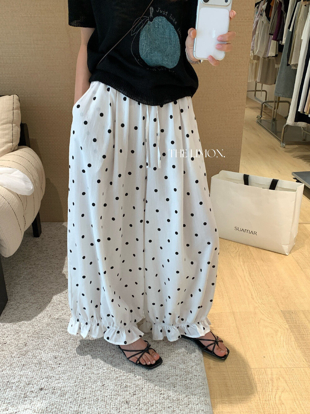 Quần culottes nữ ống rộng chấm bi phong cách vintage, cạp chun, dáng suông rộng thoải mái — màu đen, Màu bí ngô, màu trắng, màu xám chi tiết 3