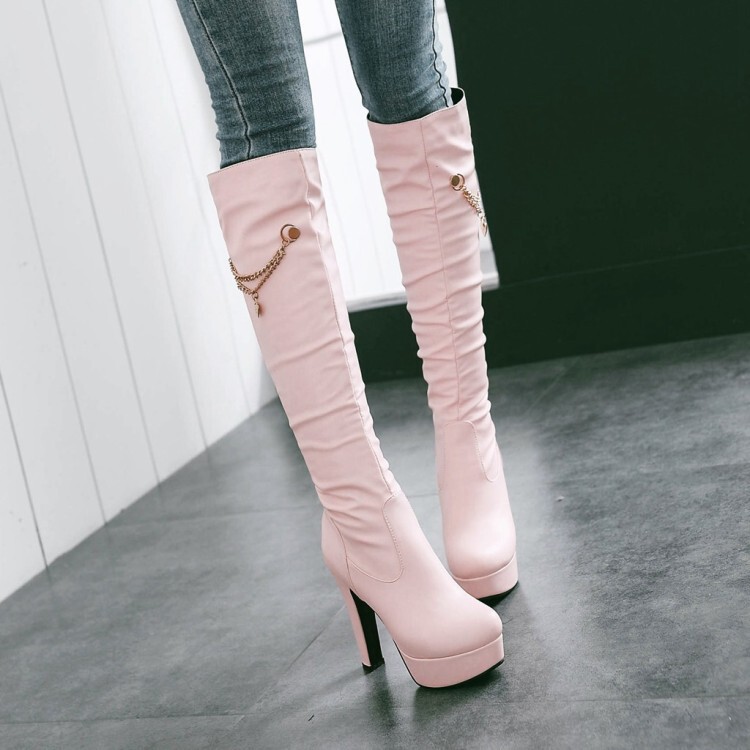 31-45 size European and American autumn and winter women's boots metal chain waterproof platform super high heel high tube knee-high boots G279