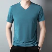 男士冰丝凉感短袖t恤2024夏季韩版百搭半袖打底衫纯色V领体恤上衣