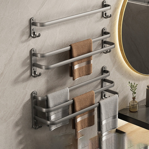 Towel bar punch-free gun ash bathroom towel storage rack bathroom hanging rod single double rod three rod wall hanging rack