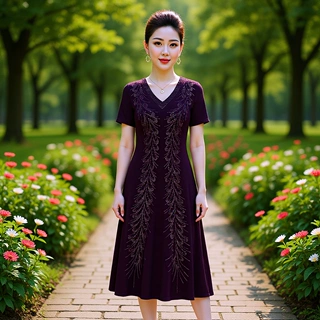 妈妈连衣裙高贵阔太太过膝长款裙子新款高档连衣裙中年气质裙