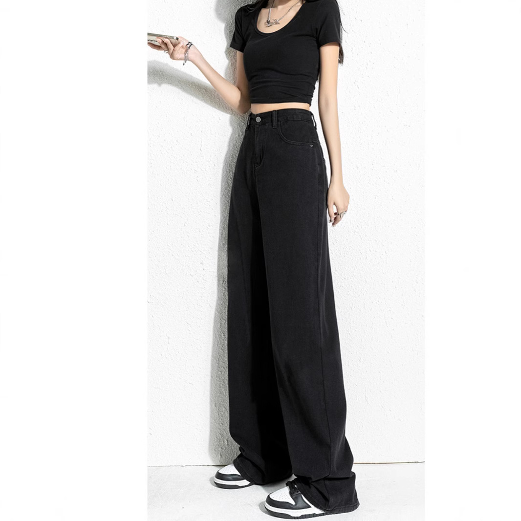 Women's High-Waisted Wide Leg Jeans Black Loose Fit Slimming Spring Style Korean Straight Leg Floor Length Trendy Fashionable_ecoleips.com