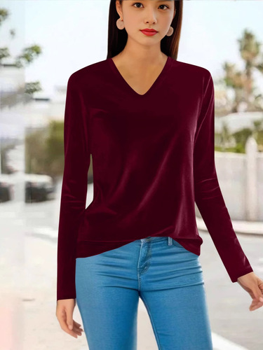 European and American gold velvet bottomed shirt, women's spring long-sleeved V-neck T-shirt, pure color, women's clothing, all-matching, slim fit and slimming