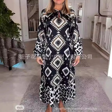 跨境女士印花连衣裙春秋欧洲站时尚休闲连衣裙长袖长款大摆女裙宽