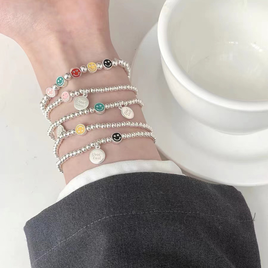 銀瑞泰925純銀笑臉滴膠彩色手鍊女圓珠子高級感韓國外貿串珠手飾