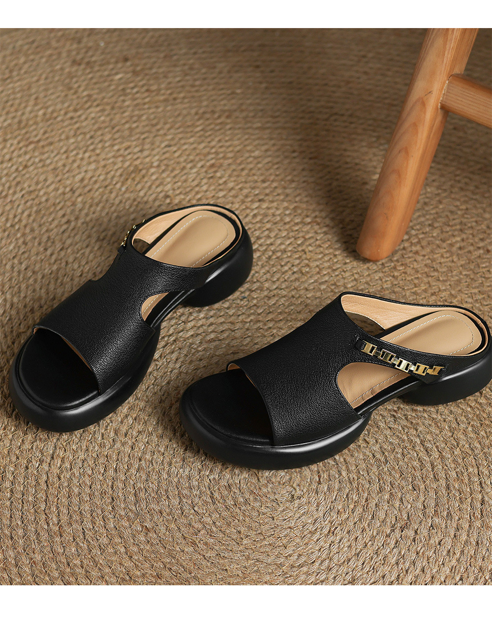 Dép sandal nữ da cừu miệng cá đế dày gót cao nhẹ — đen chi tiết 22