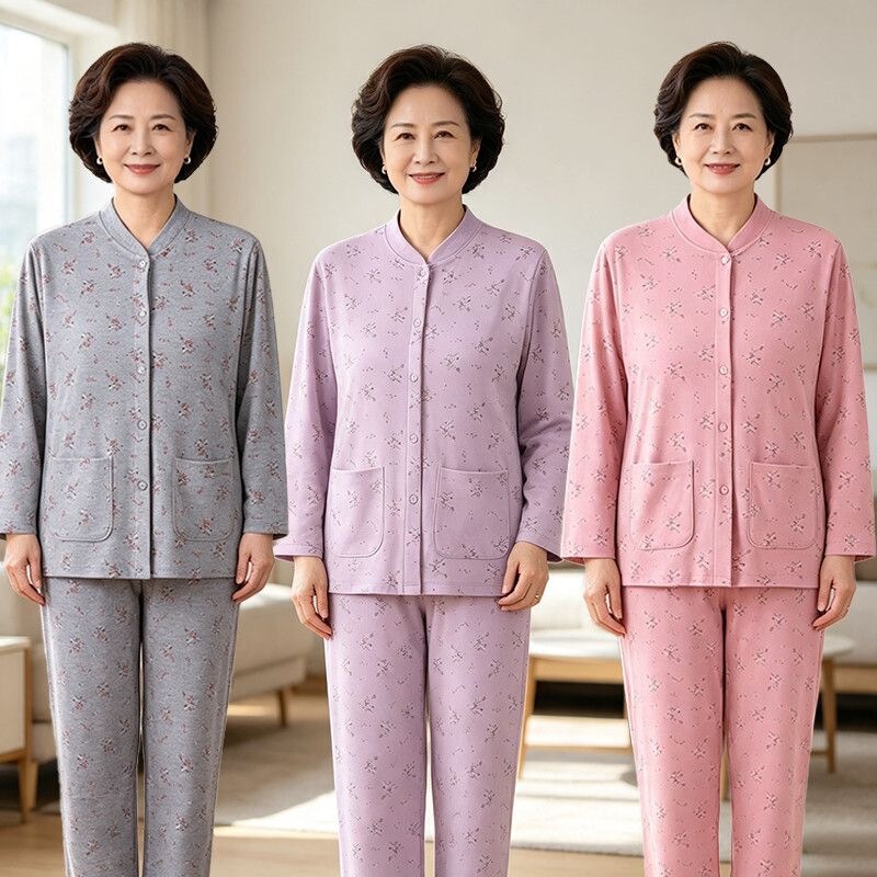 Cotton cardigan set for middle-aged and elderly women, featuring a front-button design, autumn wear, loose-fitting pajamas, and long-sleeved, collared top