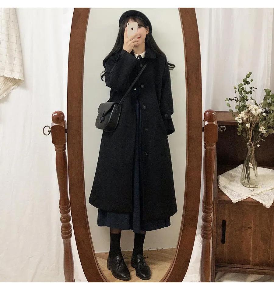 Wollmantel Damen mittlere Länge Herbst und Winter neue koreanische Version locker und schlank Knielänge Wollmantel Damenbekleidung_voghion.com